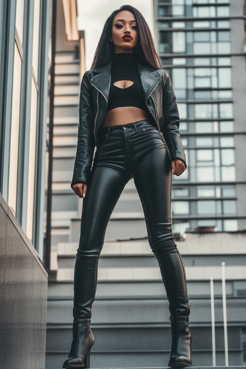 A woman dressed in black skinny jeans, a fitted bodysuit, a cropped leather jacket, and stiletto boots