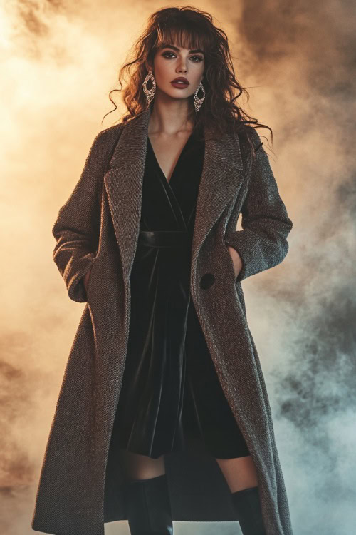 A woman in a belted cashmere coat over a velvet dress, accessorized with statement earrings and heeled boots