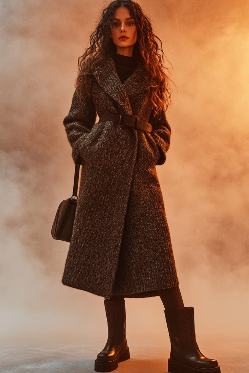 A woman in a belted knit sweater dress with a long wool coat, accessorized with chunky boots and a mini shoulder bag