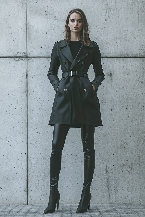 A woman in a belted trench coat over leather leggings and a sleek black top, styled with heeled ankle boots and a clutch