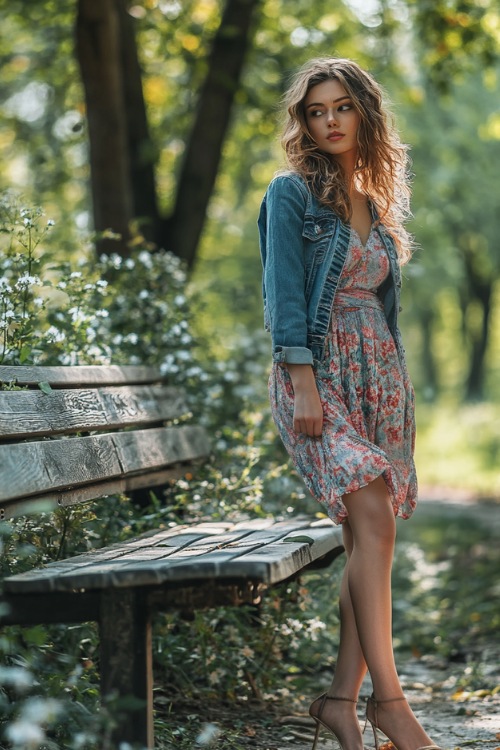 A woman in a breezy maxi dress with a fitted denim jacket and open-toe heels, standing by a wooden bench in a quiet spring park