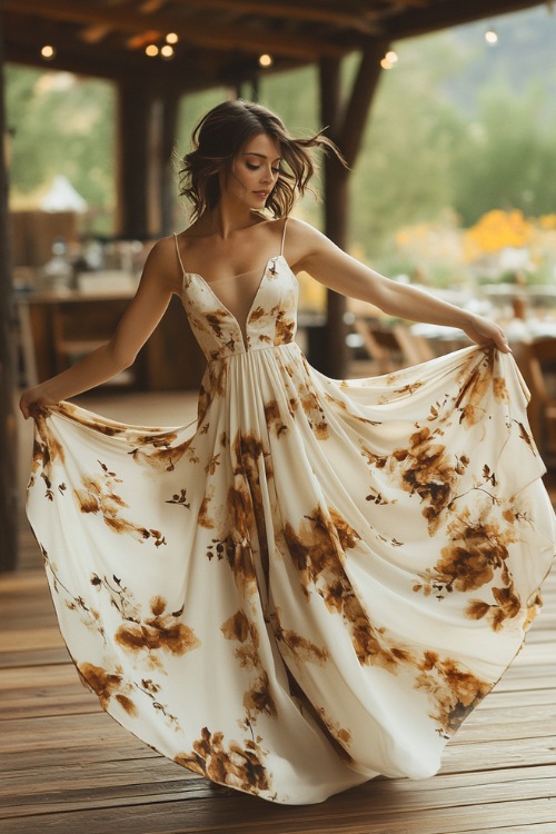 A woman in a cream and gold floral dress with a sweetheart neckline, twirling on a wooden dance floor at an open-air wedding reception (3)