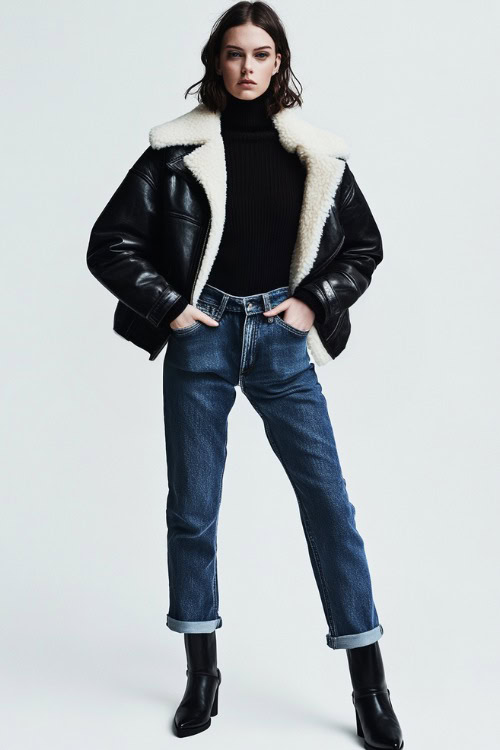 A woman in a cropped shearling-lined leather jacket over a fitted turtleneck and straight-leg jeans, styled with pointed-toe boots