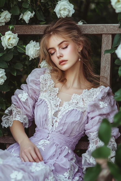 A woman in a dainty lilac dress with lace trim, sitting on a wooden wedding bench surrounded by soft white roses and greenery