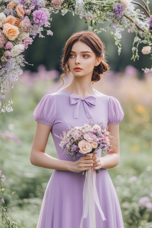 A woman in a fitted lavender knee-length dress with short sleeves and a delicate bow at the waist, standing under a floral wedding arch