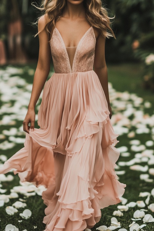 A woman in a flowy chiffon maxi dress in blush pink with delicate ruffle details, walking on a grassy wedding aisle lined with white rose petals