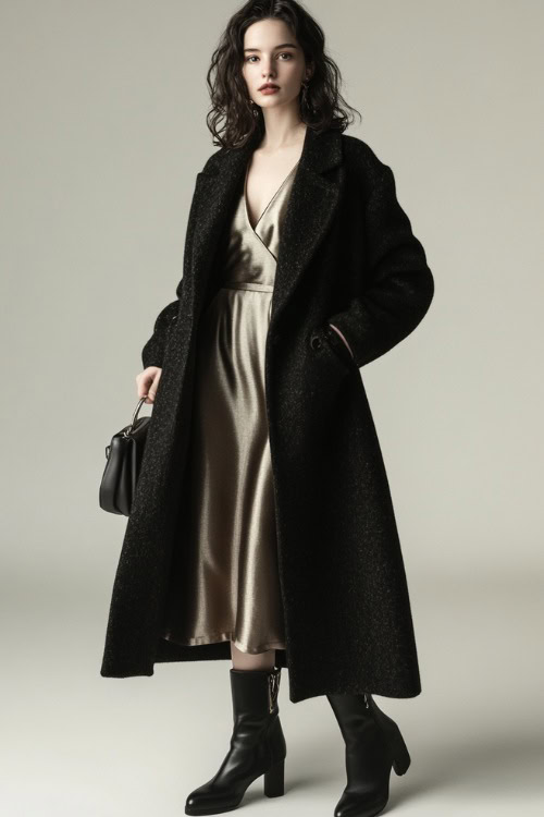 A woman in a long wool coat over a satin slip dress, styled with ankle boots and a small evening bag