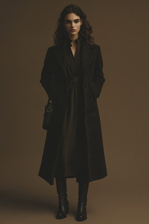 A woman in a long wool coat over a satin slip dress, styled with ankle boots and a small evening bag