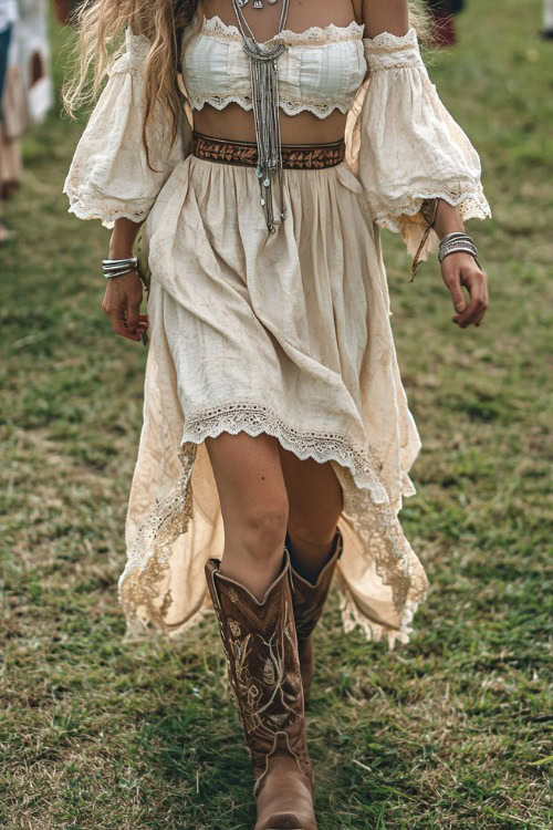 A woman in a relaxed off-shoulder country dress, knee-high cowboy boots, and layered silver jewelry