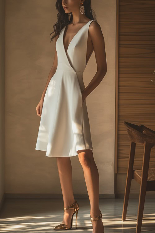 A woman in a sleek white midi dress, accessorized with gold heels and statement earrings, standing against a neutral-toned interior background