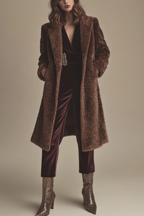 A woman in a structured wool coat over a velvet jumpsuit, accessorized with pointed-toe boots and a metallic clutch