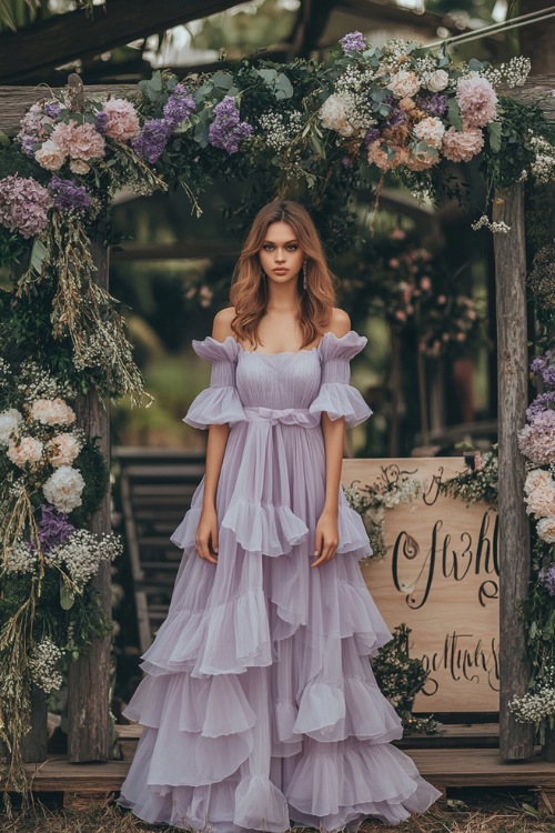 A woman in a tiered light purple midi dress with puff sleeves, standing in front of a wedding welcome sign decorated with fresh florals