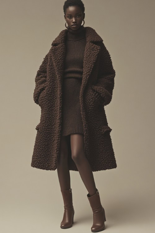 A woman in a turtleneck sweater dress with an oversized wool coat, complemented by heeled boots and subtle jewelry (2)