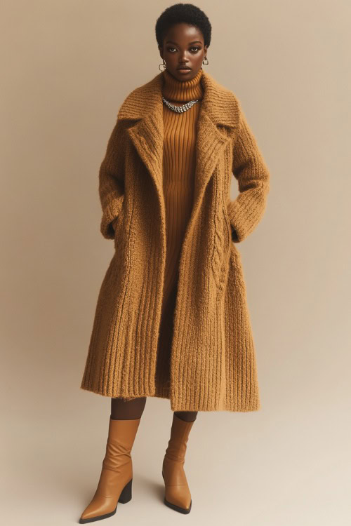 A woman in a turtleneck sweater dress with an oversized wool coat, complemented by heeled boots and subtle jewelry