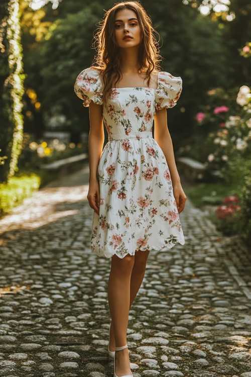 A woman in a white floral print midi dress with puff sleeves and a square neckline, styled with block heels, standing on a cobblestone path at an outdoor wedding venue