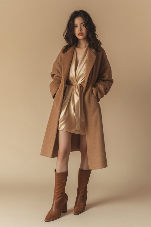 A woman in an oversized coat over a satin slip dress, paired with stiletto boots, standing in front of a muted beige background