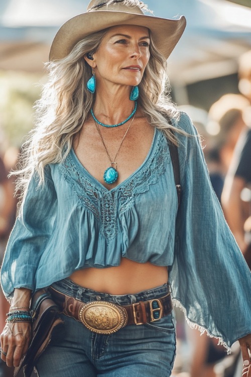 A woman over 40 in a breezy peasant-style blouse tucked into a high-rise denim midi skirt, accessorized with cowboy boots and turquoise jewelry at a summer country concert (2)