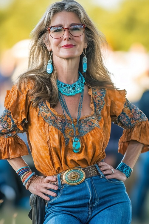 A woman over 40 in a breezy peasant-style blouse tucked into a high-rise denim midi skirt, accessorized with cowboy boots and turquoise jewelry at a summer country concert