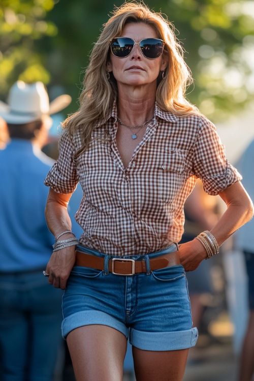 A woman over 40 in a casual yet chic country outfit, featuring a knotted gingham blouse tucked into high-waisted denim shorts, accessorized with cowboy boots and oversized sunglasses