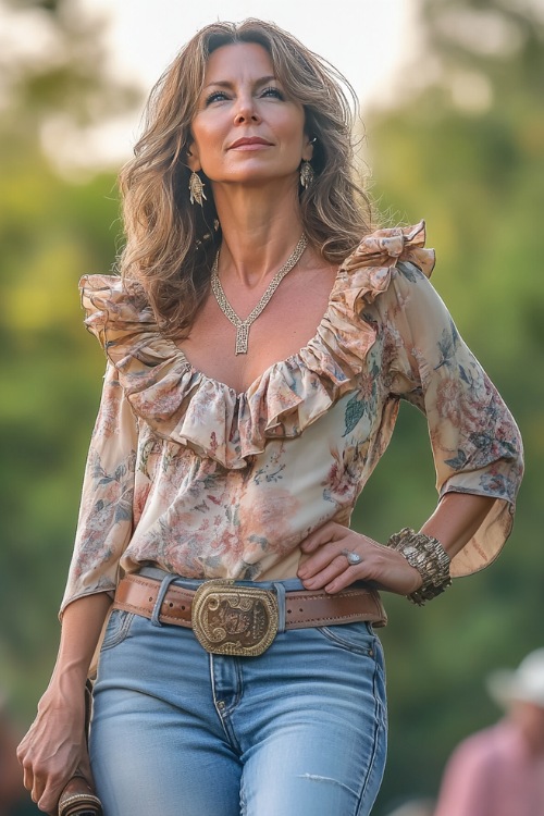 A woman over 40 in a country-chic look, featuring a high-neck ruffle blouse tucked into slim-fit jeans