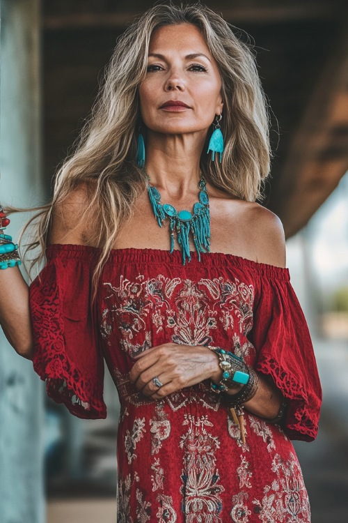 A woman over 40 in a flowy off-the-shoulder maxi dress with western-style embroidery, paired with cowgirl boots and statement turquoise jewelry