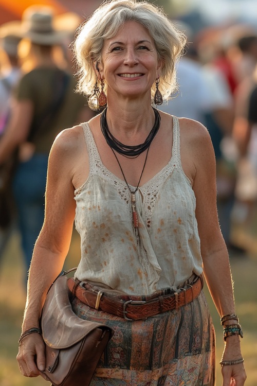 A woman over 40 in a relaxed sleeveless tank top tucked into a high-waisted linen midi skirt, accessorized with cowboy boots and a leather crossbody at a summer concert