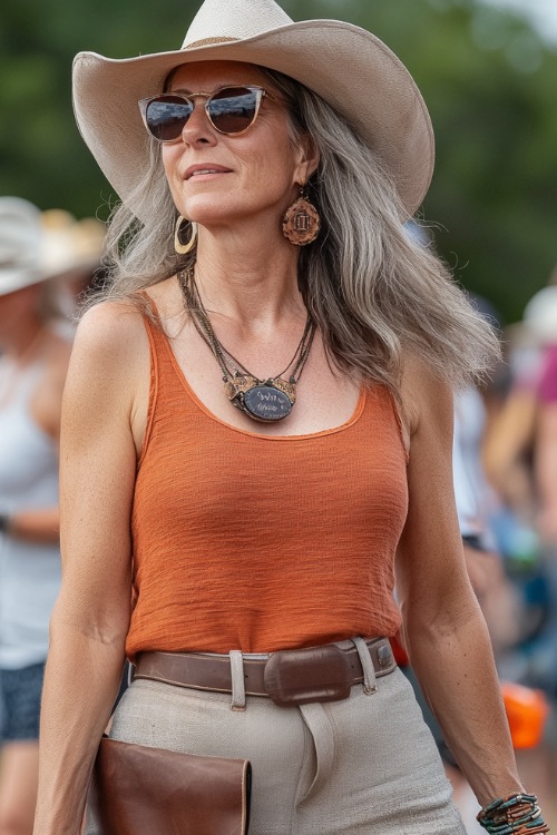 A woman over 40 in a relaxed sleeveless tank top tucked into a high-waisted linen midi skirt, accessorized with cowboy boots and a leather crossbody