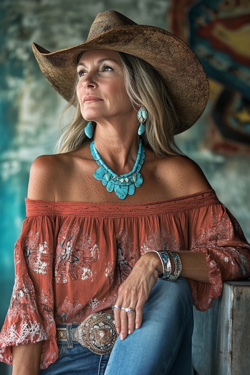 A woman over 40 in a rustic off-the-shoulder blouse tucked into high-rise bootcut jeans, styled with cowboy boots and turquoise jewelry at a country concert