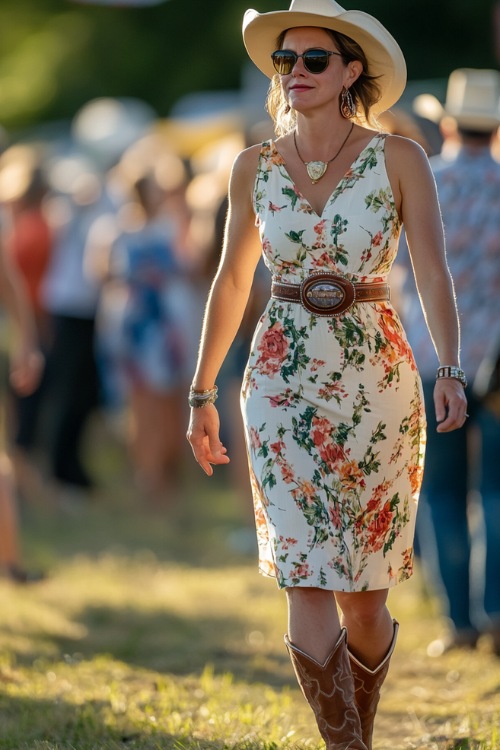 A woman over 40 in a sleeveless A-line midi dress with soft floral prints, accessorized with cowboy boots and a concho belt