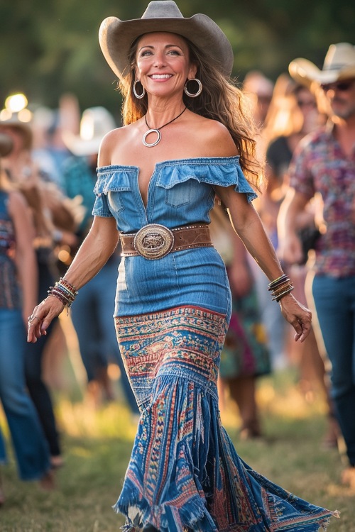 A woman over 40 in a stylish off-the-shoulder denim dress, cinched at the waist with a western belt, paired with classic cowboy boots