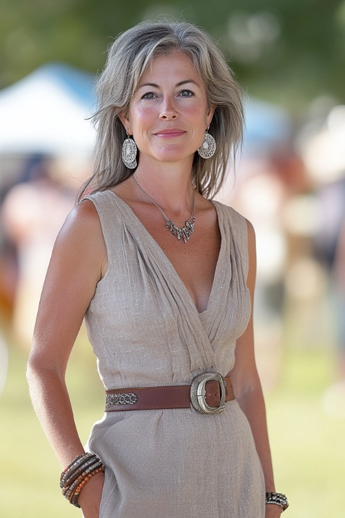 A woman over 40 in a stylish sleeveless linen wrap dress, cinched at the waist with a statement belt, paired with cowboy boots and delicate silver earrings