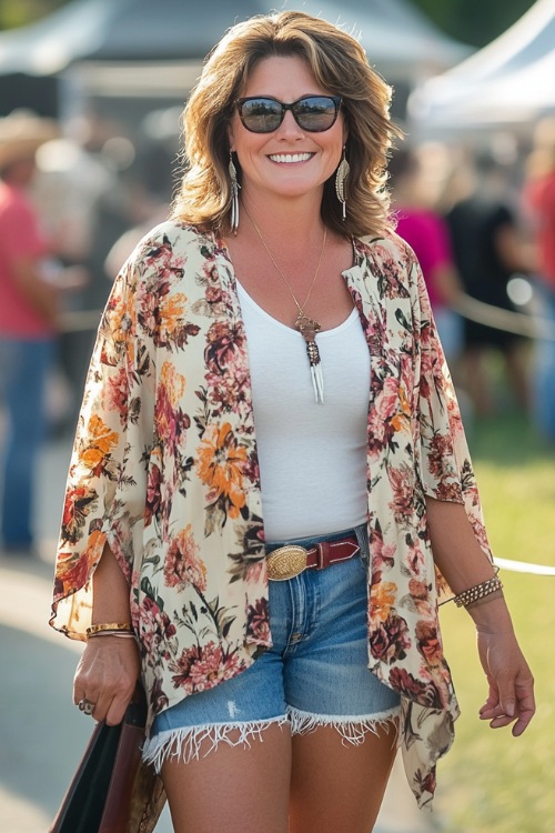 A woman over 40 rocking a relaxed country look, featuring a floral kimono layered over a simple tank top and denim shorts, accessorized with cowboy boots