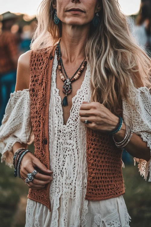 A woman over 40 wearing a boho-inspired crochet vest over a lightweight ruffle dress, styled with suede cowboy boots and layered bracelets