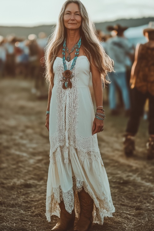 A woman over 40 wearing a breezy white boho maxi dress with lace details, paired with brown cowboy boots and a turquoise statement necklace 