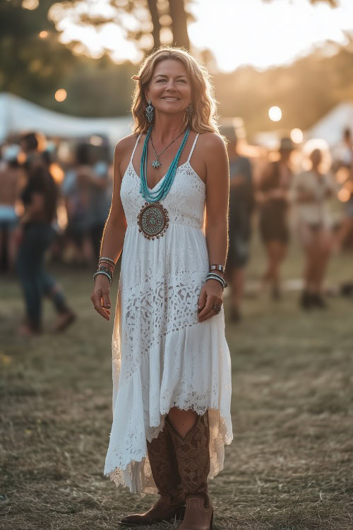 A woman over 40 wearing a breezy white boho maxi dress with lace details, paired with brown cowboy boots and a turquoise statement necklace