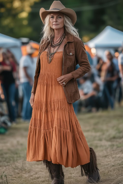 A woman over 40 wearing a flowy tiered maxi dress, layered with a suede fringe jacket and cowboy boots, exuding effortless country charm at a concert