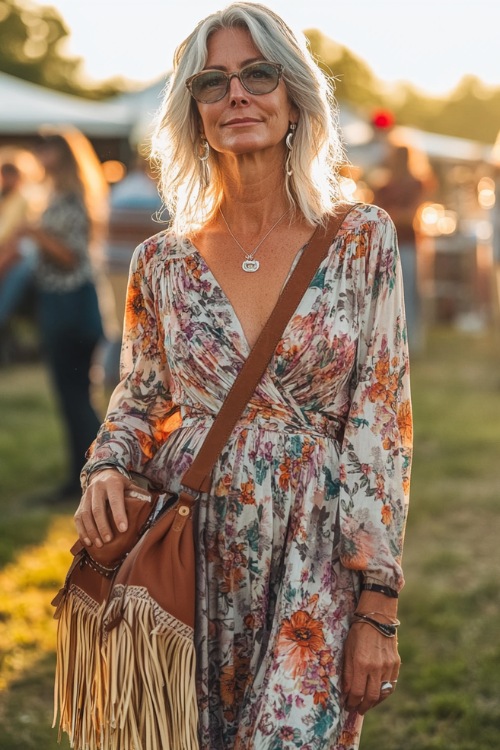 A woman over 40 wearing a lightweight floral wrap dress, accessorized with a suede fringe bag and classic cowboy boots