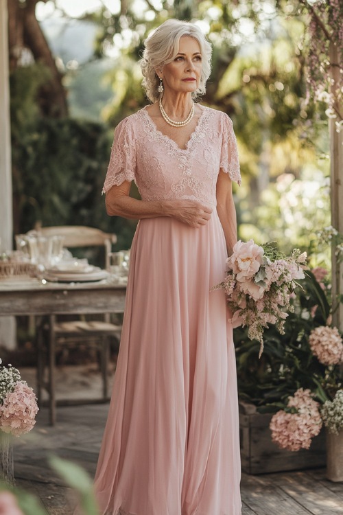 A woman over 50 in a blush pink maxi dress with lace overlay and cap sleeves, styled with delicate pearl accessories