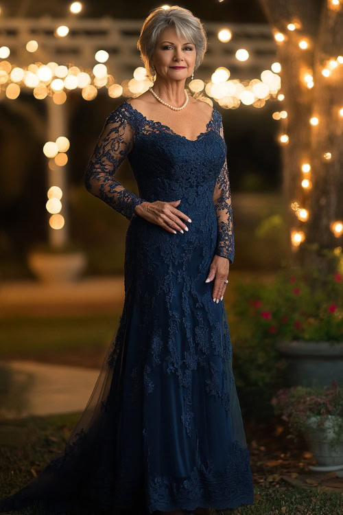 A woman over 50 in a classic navy blue lace gown with a scalloped neckline and sheer sleeves