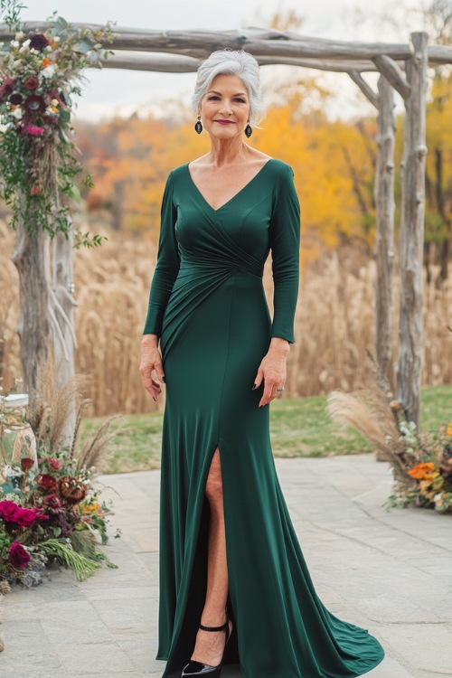 A woman over 50 in a dark green long-sleeve gown with an empire waist and a modest slit. She wears statement earrings and black heels