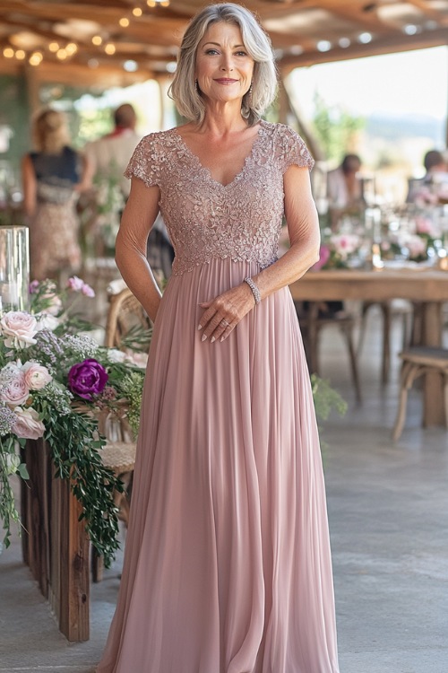 A woman over 50 in a delicate rose gold maxi dress with lace cap sleeves and a flowing A-line skirt