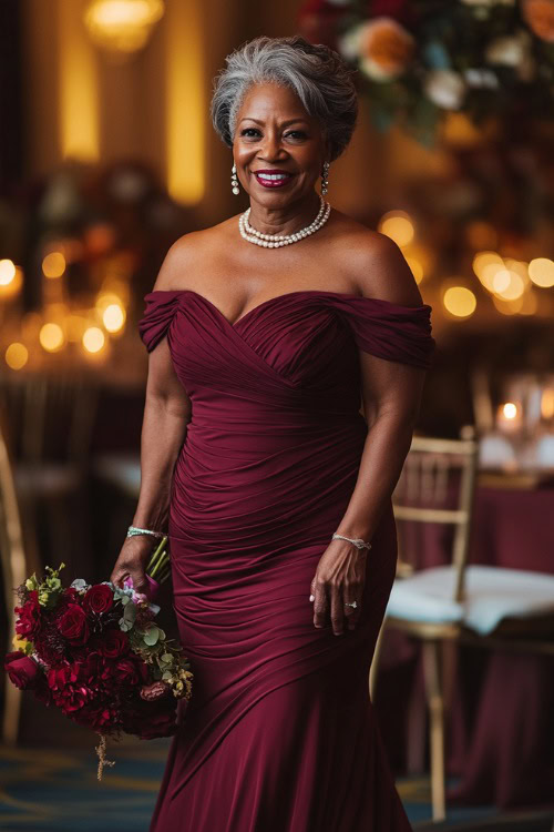 A woman over 50 in a floor-length burgundy gown with an off-the-shoulder neckline and a cinched waist, paired with pearl earrings and metallic heels