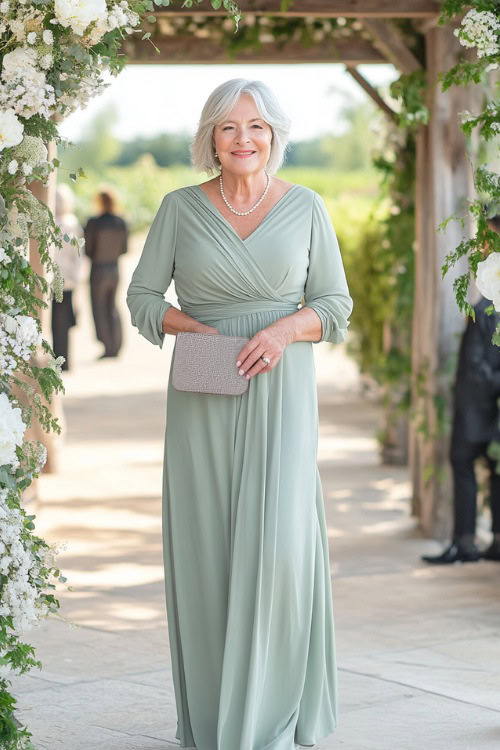 A woman over 50 in a light sage green maxi dress with a wrap-style bodice and long bishop sleeves