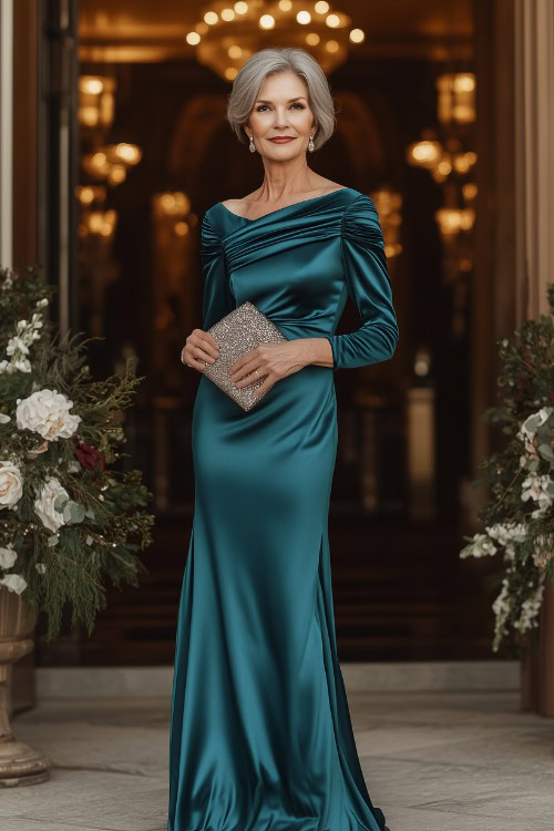 A woman over 50 in a rich teal satin gown with a ruched bodice and long sleeves. She pairs it with a sparkling clutch and gold heels