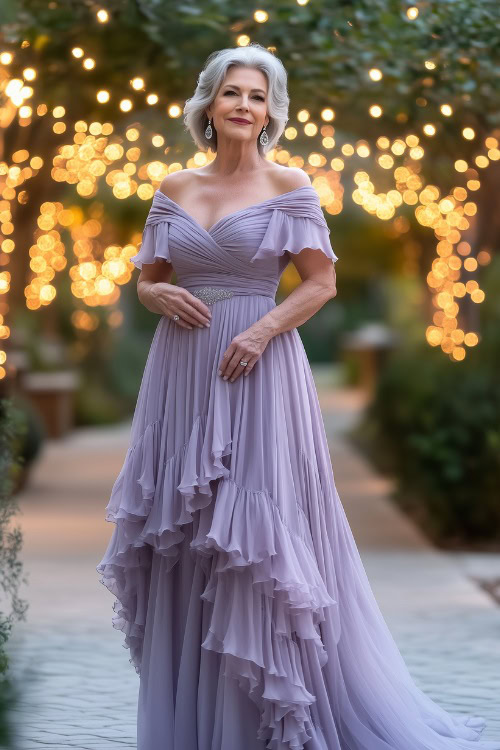 A woman over 50 in a soft lavender floor-length gown with delicate ruffle details and a fitted bodice