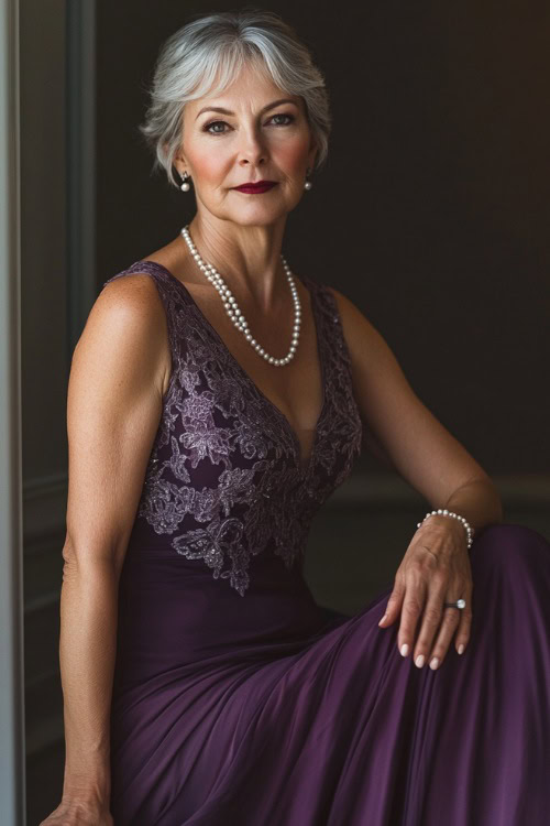 A woman over 50 in a sophisticated plum-colored A-line gown with lace details and a flowing skirt