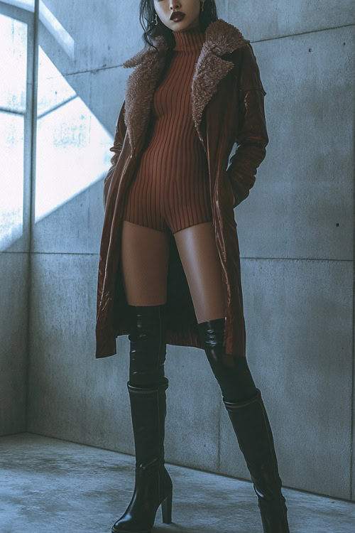 A woman styled in a faux fur-lined leather trench coat over a ribbed turtleneck dress