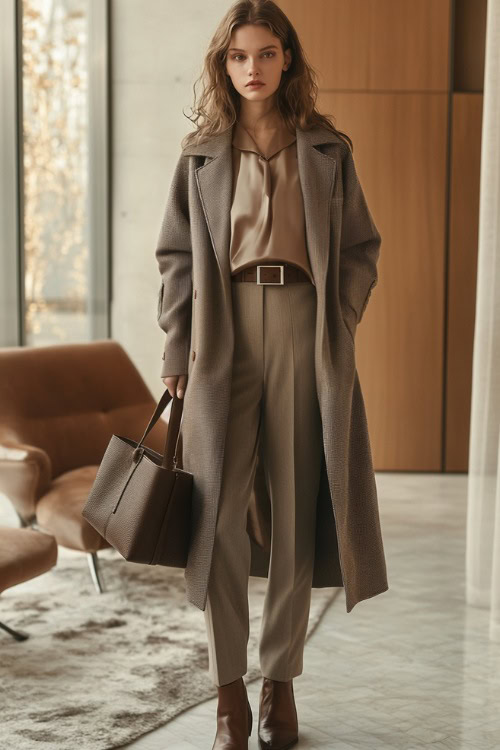 A woman wearing a belted long wool coat over a silk blouse and high-waisted trousers, styled with heeled boots and a structured handbag