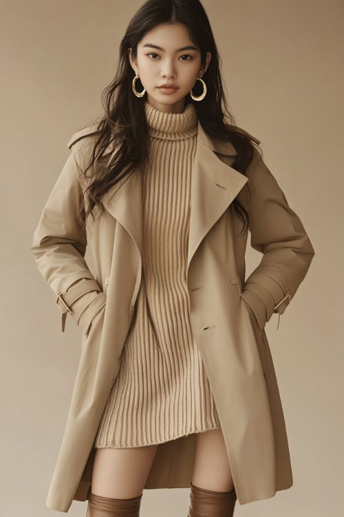 A woman wearing a knee-length trench coat over a ribbed knit dress, accessorized with ankle boots and gold hoop earrings