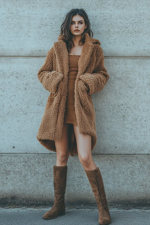 A woman wearing an oversized teddy coat over a fitted high-neck mini dress, styled with knee-high suede boots